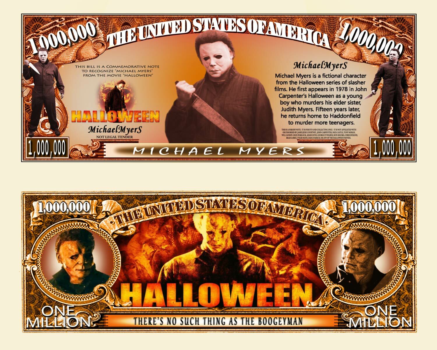 Michael Myers - Halloween - Million Dollar Bill Funny Money Note + Free Sleeve