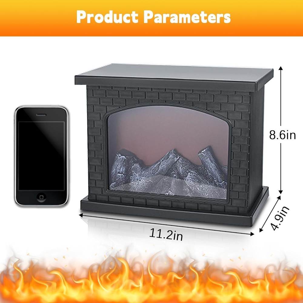 Chic Black Mini Fireplace with Realistic Flame Effect – Battery & USB Operated