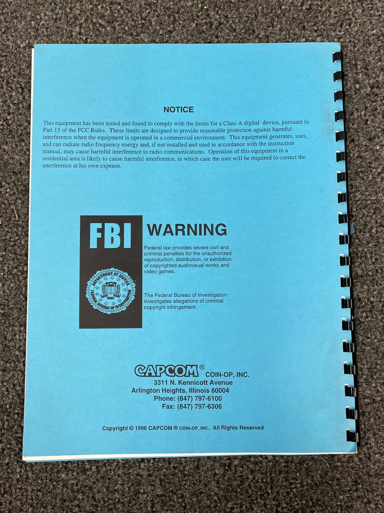Capcom Street Fighter Alpha 2 Arcade Game Machine Operators Manual
