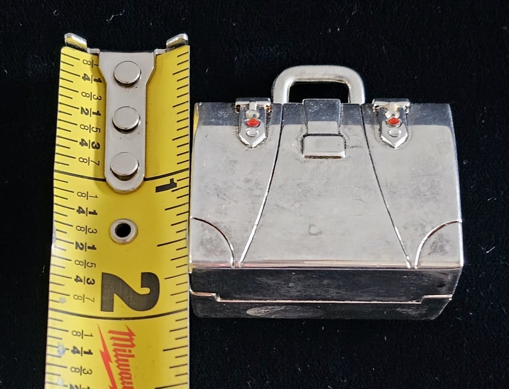 Vintage Silver Tone Mini Suitcase Trinket/Pill Box Red Rhinestones Engraved SJB