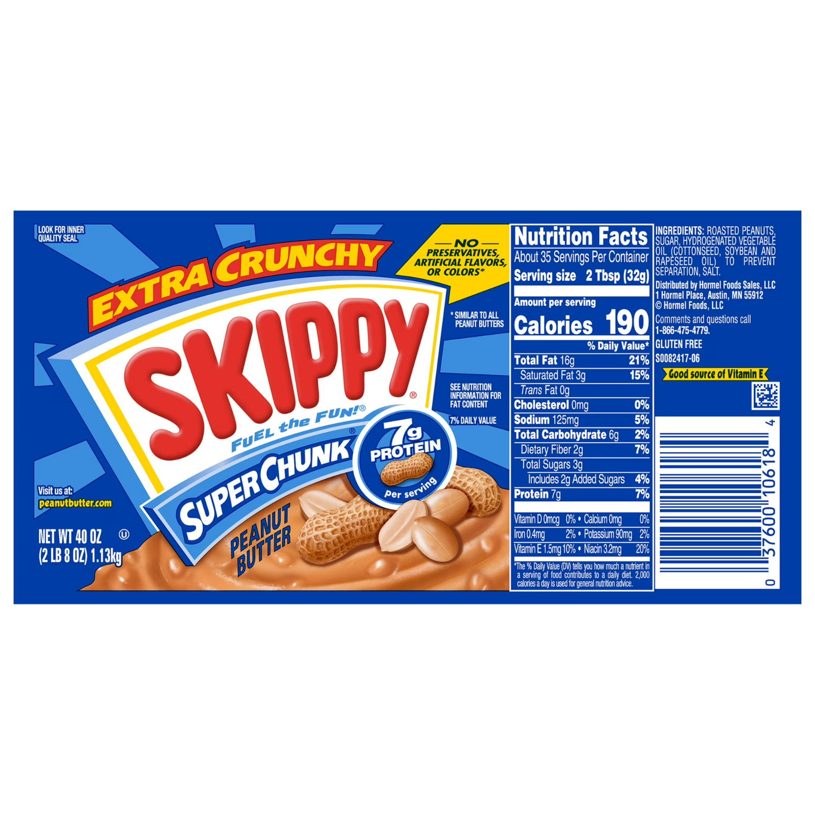SKIPPY SUPER CHUNK Peanut Butter, 7 G Protein per Serving, Plastic Jar 40 oz