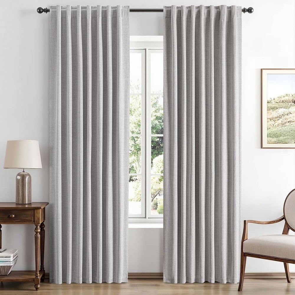 100% Blackout Linen Curtains Greyish White Solid Decor Thermal Insulation