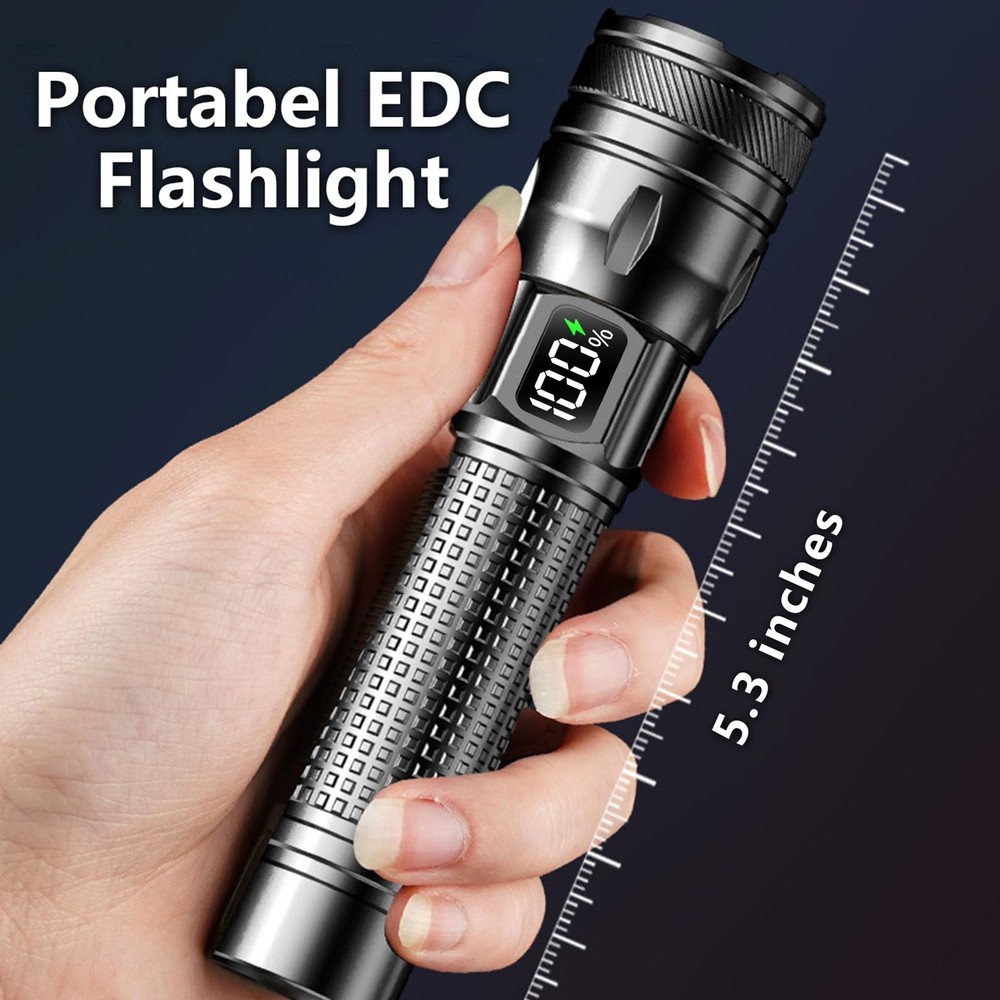 Gotellx Rechargeable LED Flashlights with Digital Power Display, Small, Black
