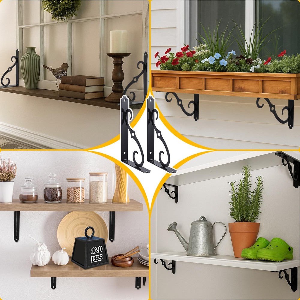 6 Pack 8 Inch Shelf Brackets Black Rustic Floating Decorative Shelf Bracket H...
