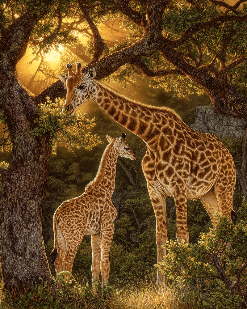 8x10 Giraffes Portrait Forest Illustration - 402488017