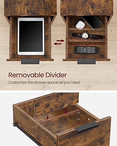 Side End Table with Charging Station, Slim Nightstand Rustic Brown + Ink Black