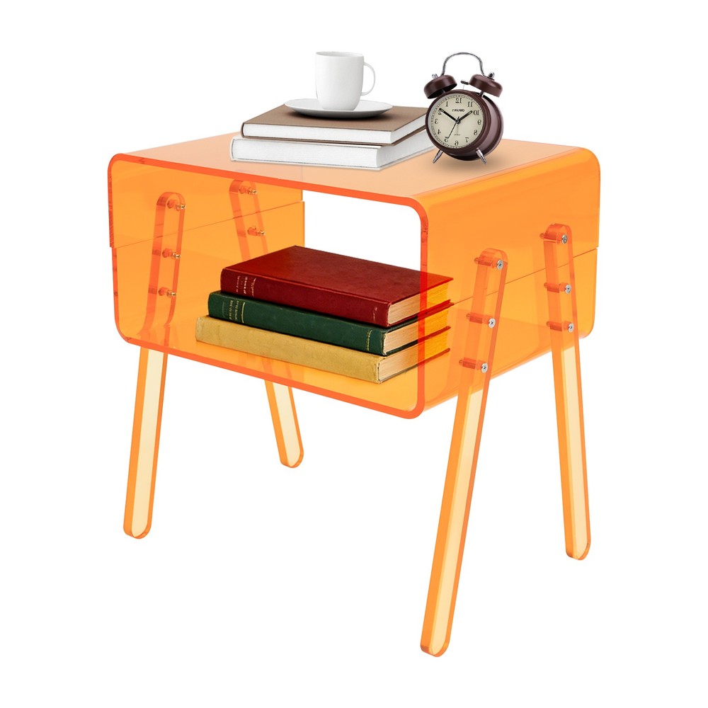 Acrylic Side Table, Orange 2-Tier End Table with Open Storage for Small Spaces