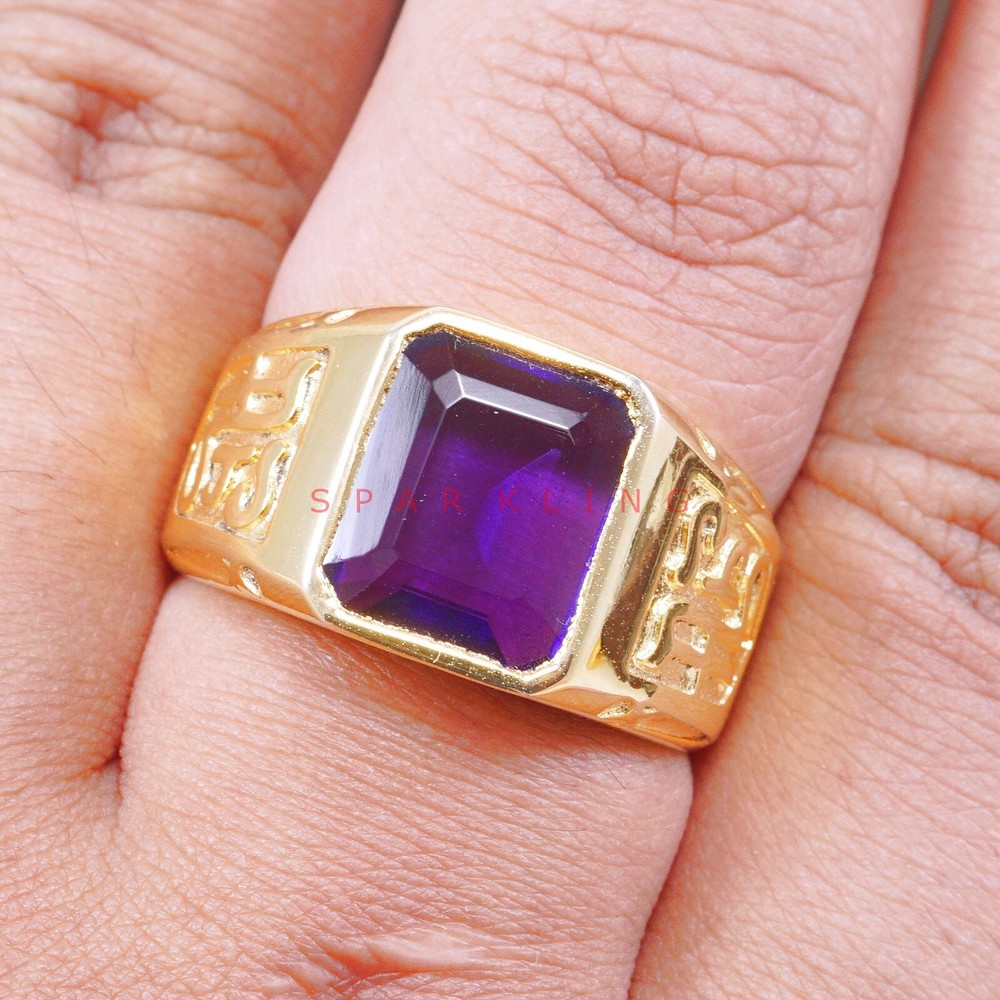 Amethyst Emerald Cut With 14K Solid   Gold  Ring For Men's #E494