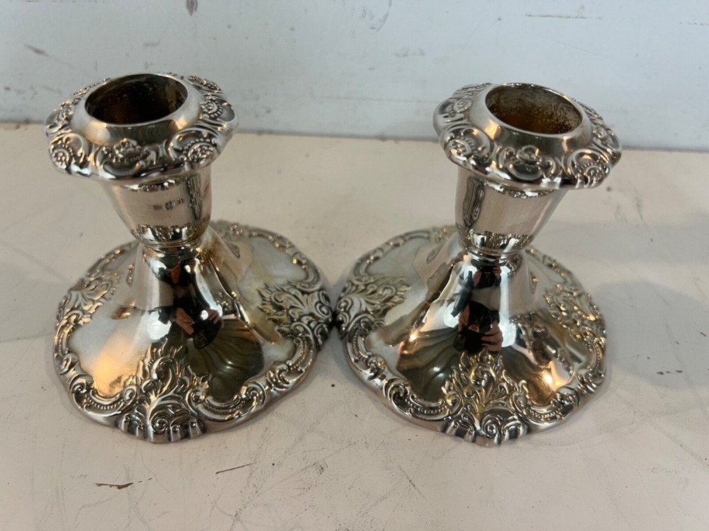 Vintage Wallace Baroque Pair of Silver Plate Candlesticks