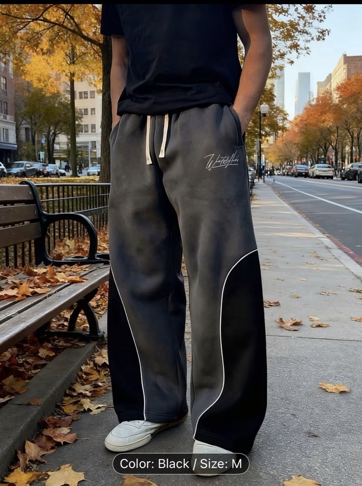 Men's Wide-Leg Sweatpants Black/Light Grey Size M Drawstring Pockets
