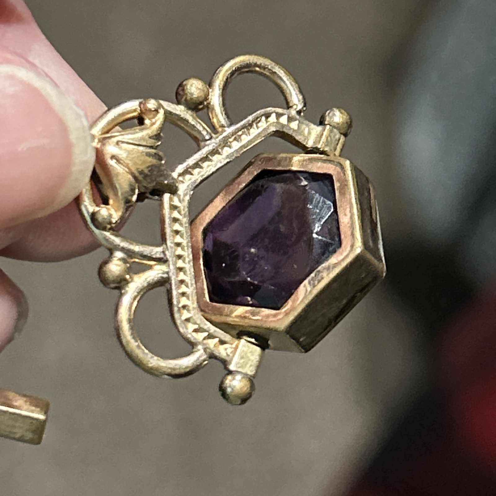 Victorian Rose Gold Fill Purple Watch Fob Spinner Book Link Chain Large Ring