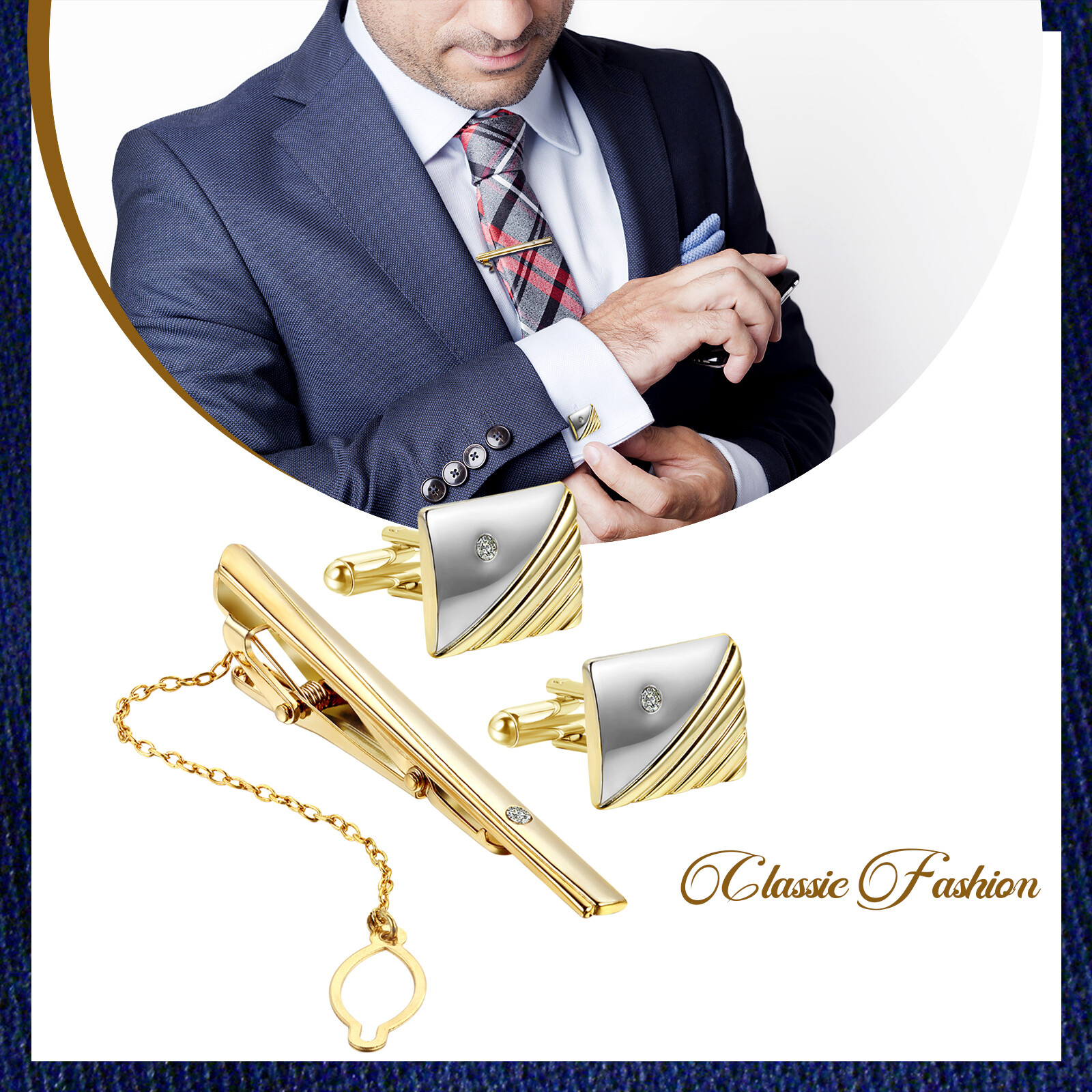 Polished Gold Tone Metal CZ Cufflinks Tie Bar Clasp Clip Set Men's Modish Gift