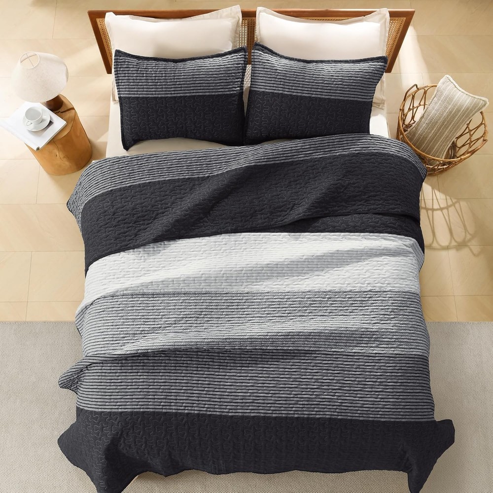 Quilt Queen Size Black Grey & White Gray Stripe Patchwork Summer Bedspread
