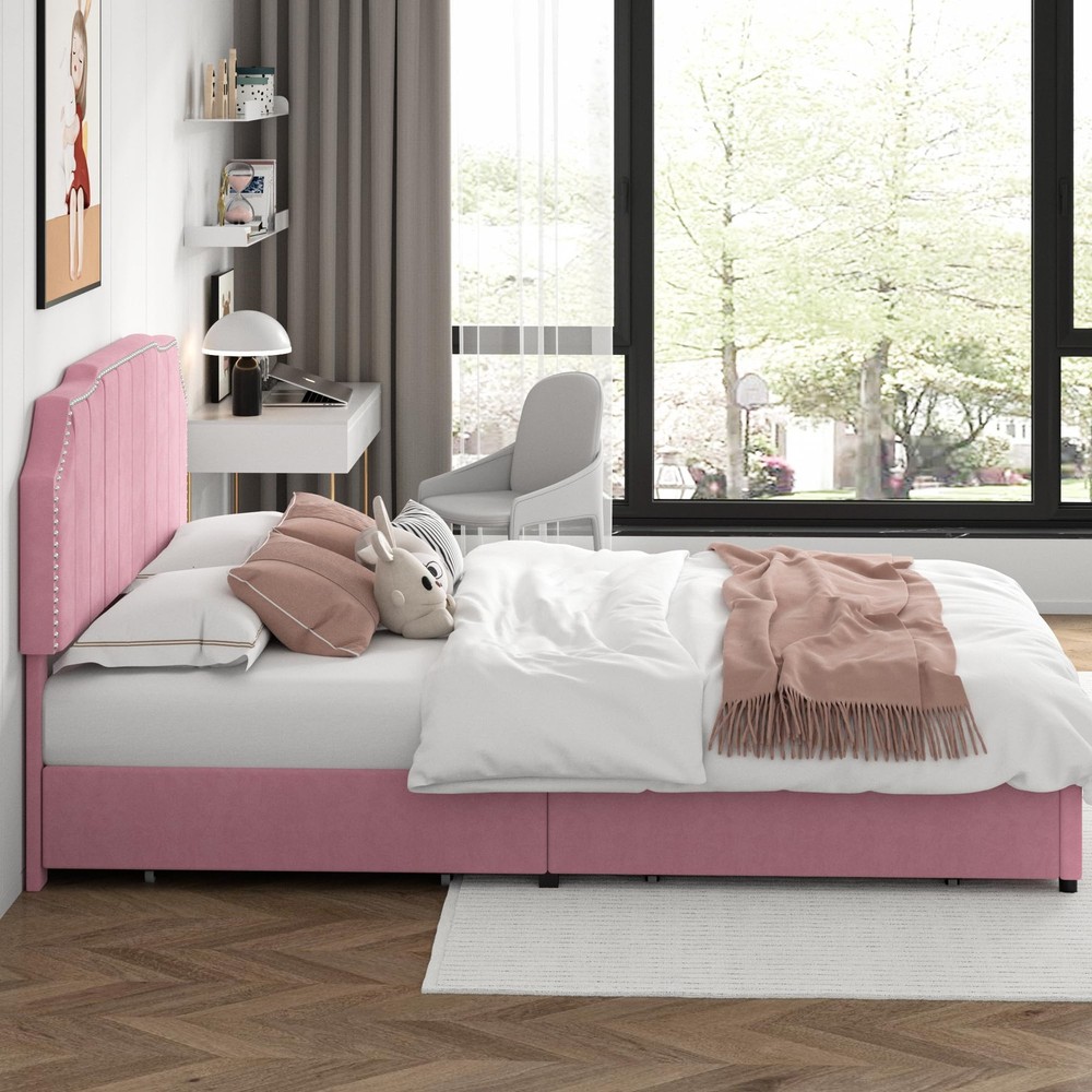 Full Bed Frame Upholstered Platform with 4 Storage Drawers & Tufted Adjustabl...