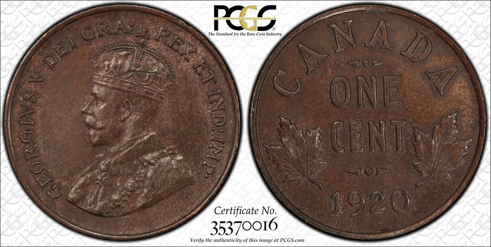 1920 Canada Small Cent PCGS MS-63 BN Struck Thru 1c