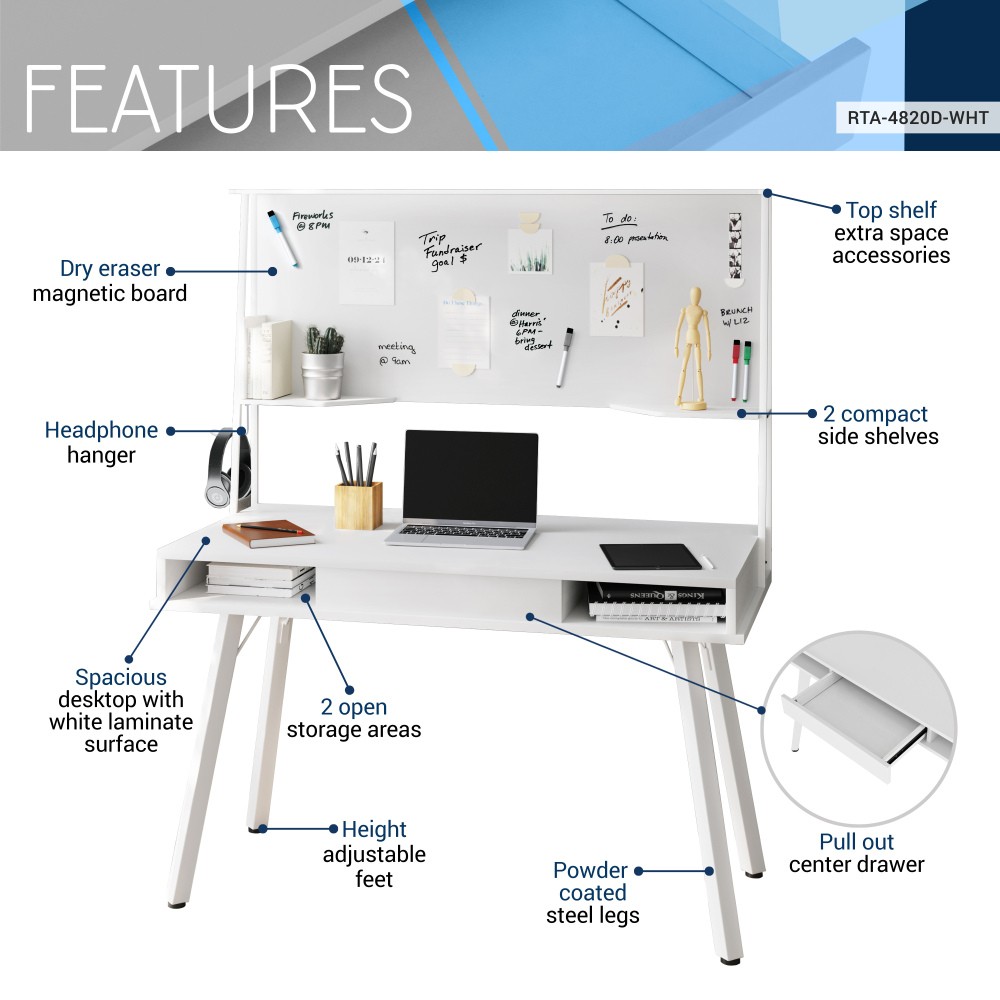 Study Computer Desk w/ Storage & Magnetic Whiteboard - Home Office Workstation