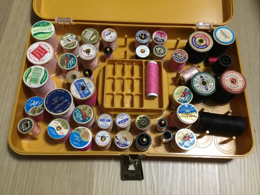 Vtg Wil-Hold Sewing Box Thread Storage Bobbin Holder DarkYellow Stackable Tailor