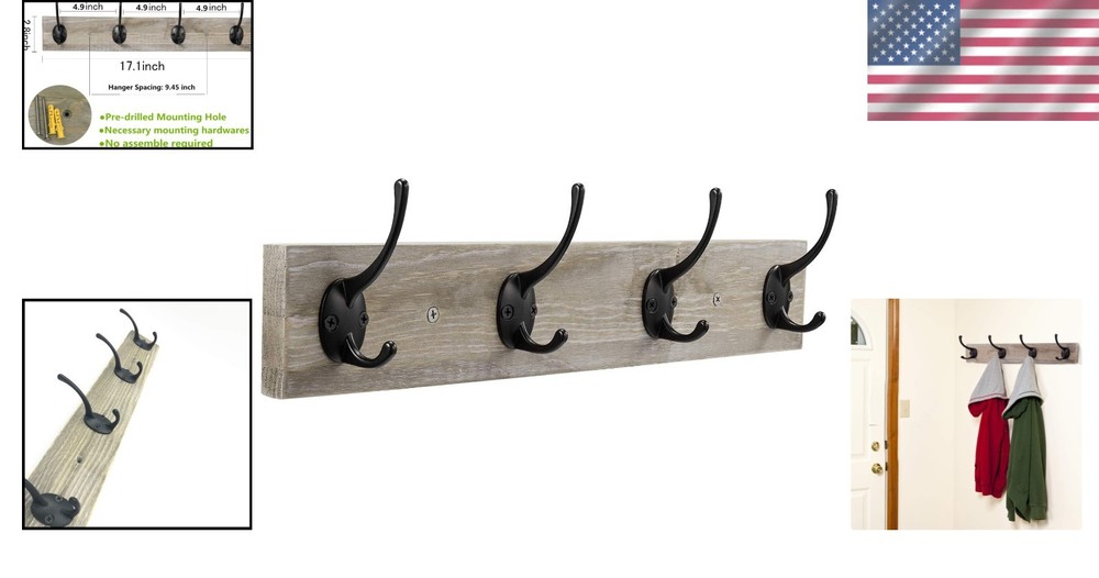 Rustic Wall-Mounted Coat Rack with 4 Hooks - Stylish Pinewood Organizer