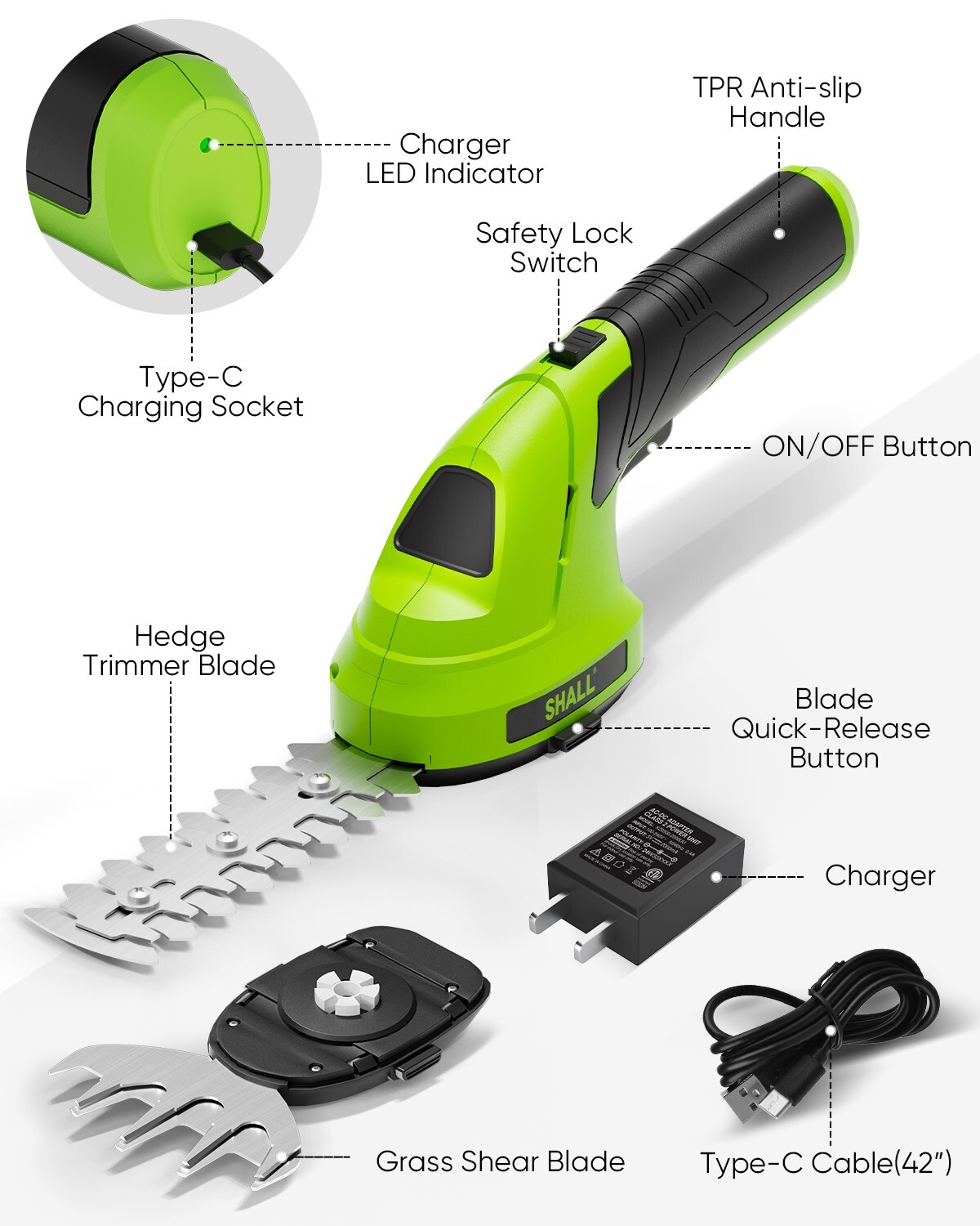 SHALL 2 in 1 Cordless Grass Shear & Hedge Trimmer - 7.2V Electric Bush Trimmer