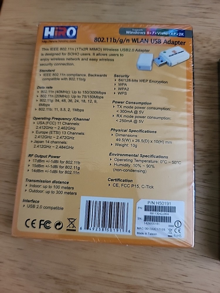 HIRO USB wifi 802.11n nano adapter for PC Or Mac NIB