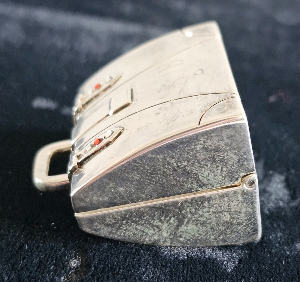 Vintage Silver Tone Mini Suitcase Trinket/Pill Box Red Rhinestones Engraved SJB