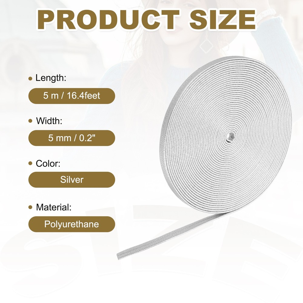 5mm Wide Flat Leather Cord String Leather Trimming Tape, Silver