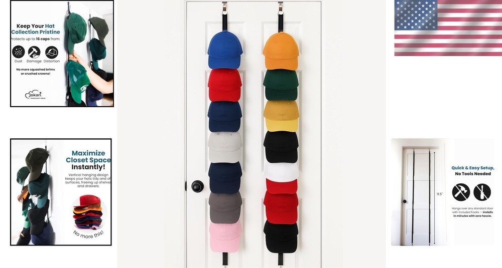 Versatile Over-Door Hat Storage Rack | Holds 16 Hats | Tool-Free Installation