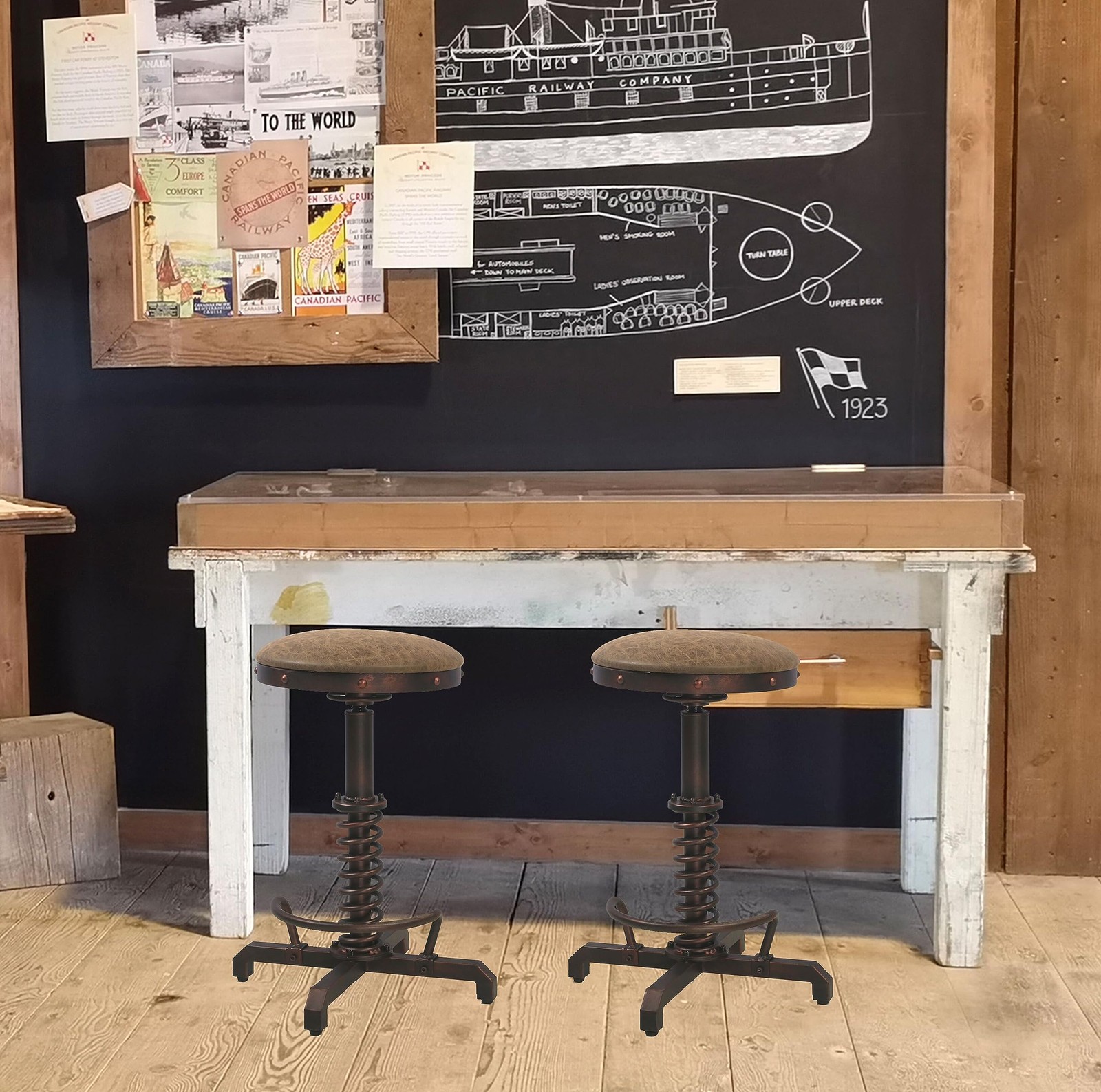 Farm Vintage Leather Tractor Stool Swivel Adjustable Kitchen Counter Set of 2