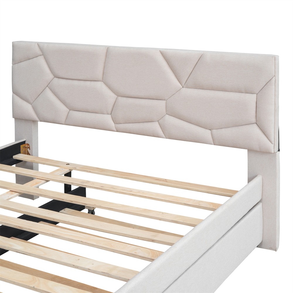 Full/Queen Size Bed Frame Upholstered Platform Bed w/ Headboard Beige/Gray US