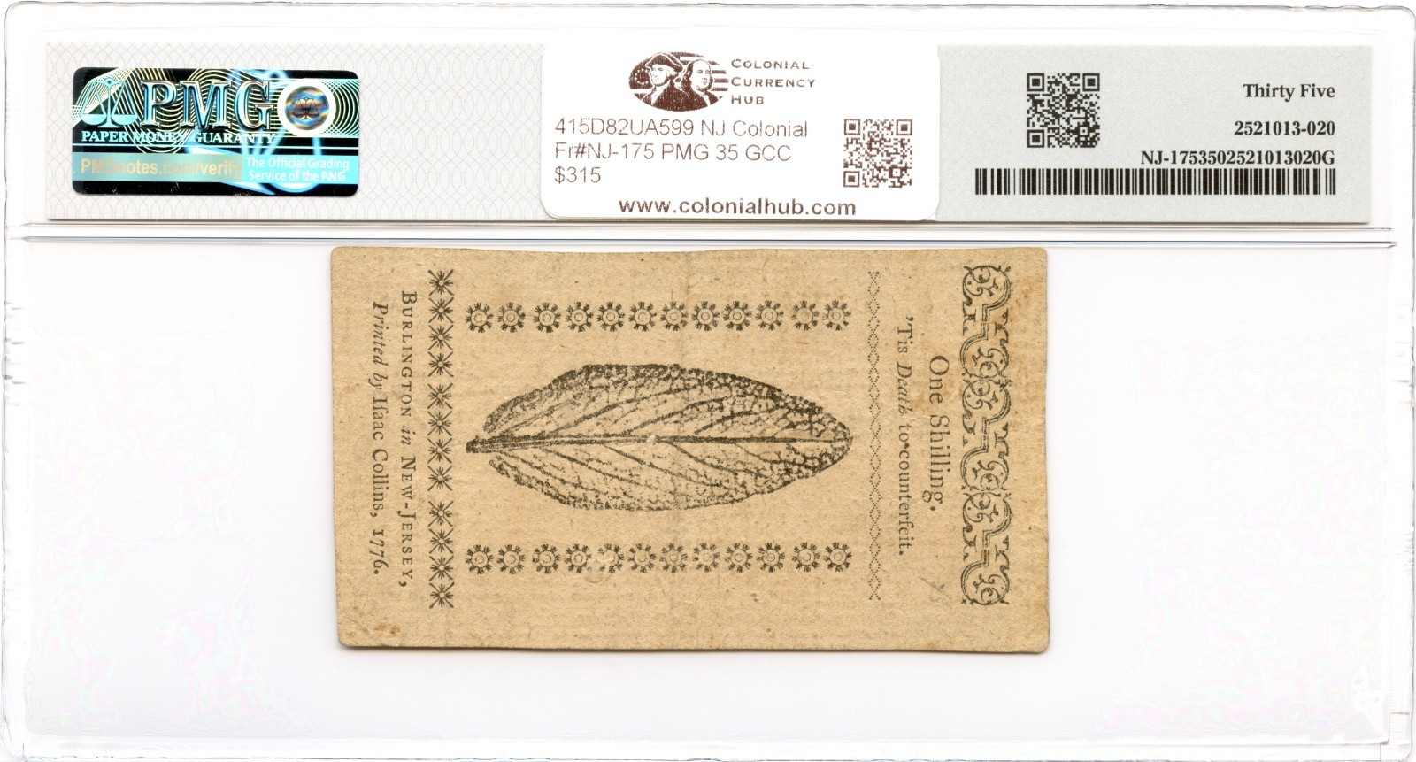 New Jersey Colonial Note Fr#NJ-175 March 25, 1776 1s PMG VF-35 GCC Green