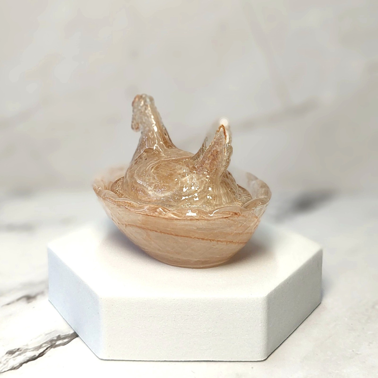 Chocolate Swirl Hen on Nest Chicken Salt Dish, Depression Style Glass, VTG Style