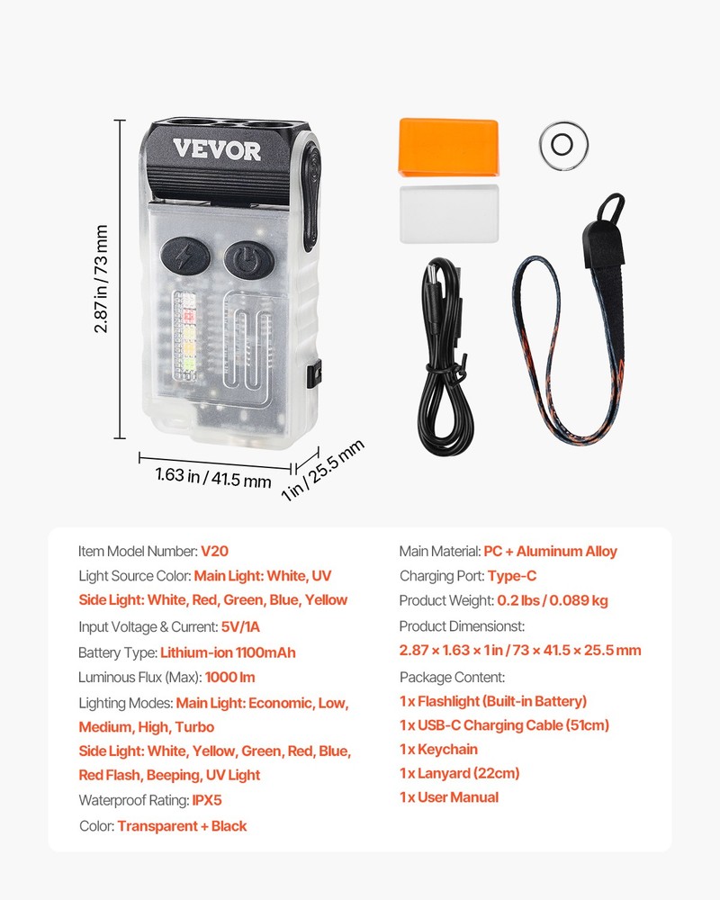 VEVOR Rechargeable Keychain Flashlight Mini LED Flashlight with Clip & Magnetic