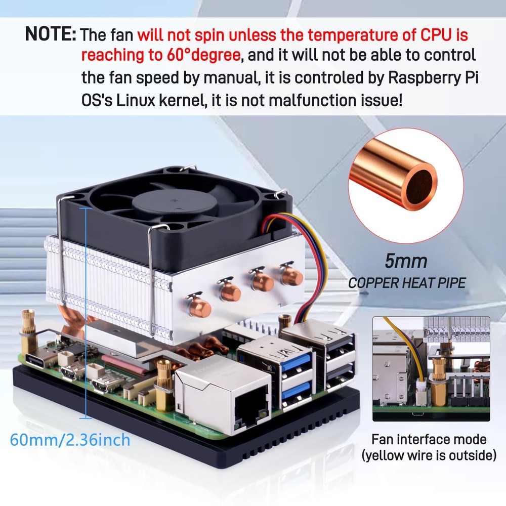 LowProfile Plus CPU Cooler for Raspberry Pi 5, Aluminum Active Cooler with Kü...