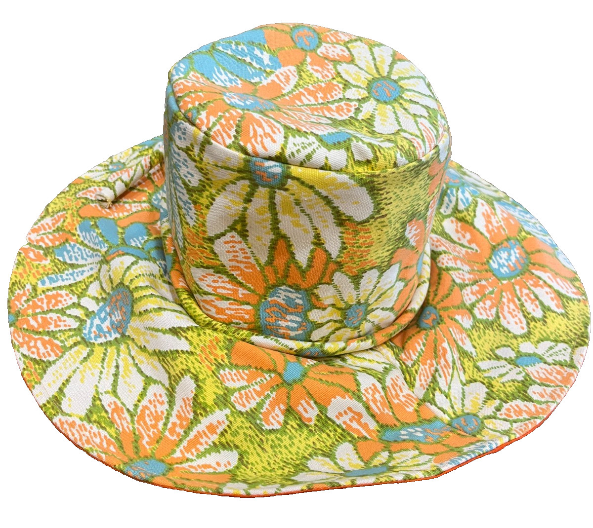 Groovy Vintage Fits All Japan Womens Floral Hat Cotton Bucket Floppy Orange Blue