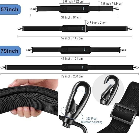 Padded Adjustable 57" Shoulder Strap Replacement for Bags with D-Ring (Black)