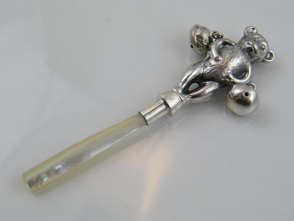 STERLING SILVER & PEARL MONKEY BABIES RATTLE