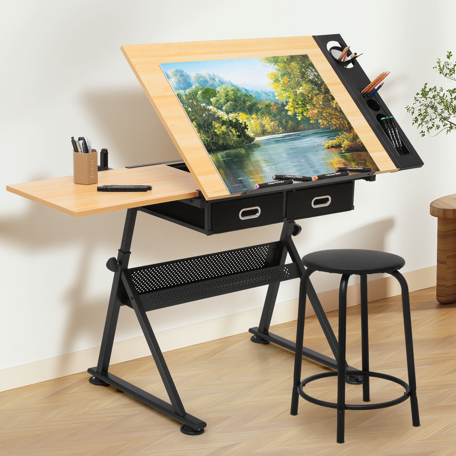Drafting Drawing Table[STOOL+DRAWER]Adjustable Wood Tabletop Craft Work Station