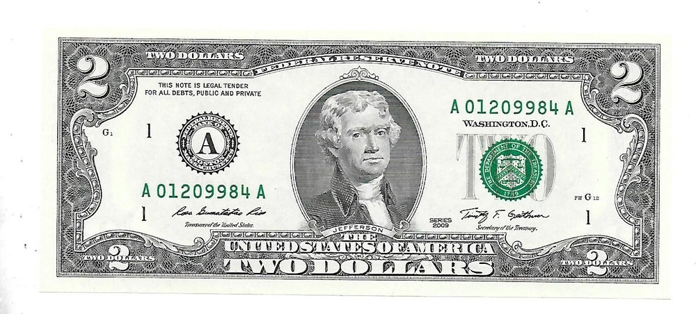 $2 2009 Rios/Geithner Boston AA Block Only Printing GEM Crisp Uncirculated
