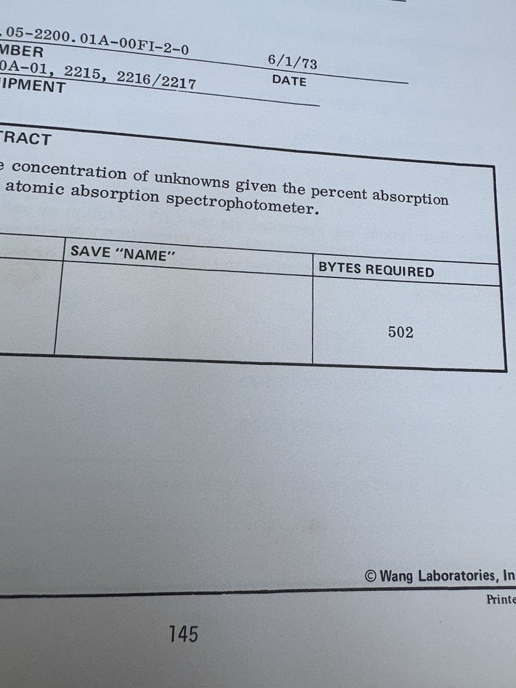Wang "Basic" Language Programming Manuals: System GLBR 22B 2200 (1973) In Binder