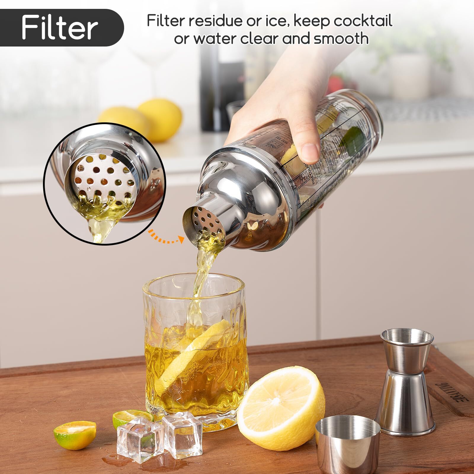 14oz Glass Cocktail Shaker with Recipe Drink Shaker Bartender Kit for Mixing
