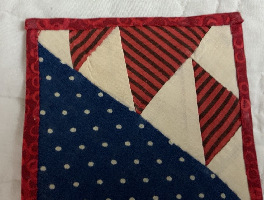 Antique Patchwork Quilt Table Topper, Early Calicos, Mini, Triangles, Navy, Red
