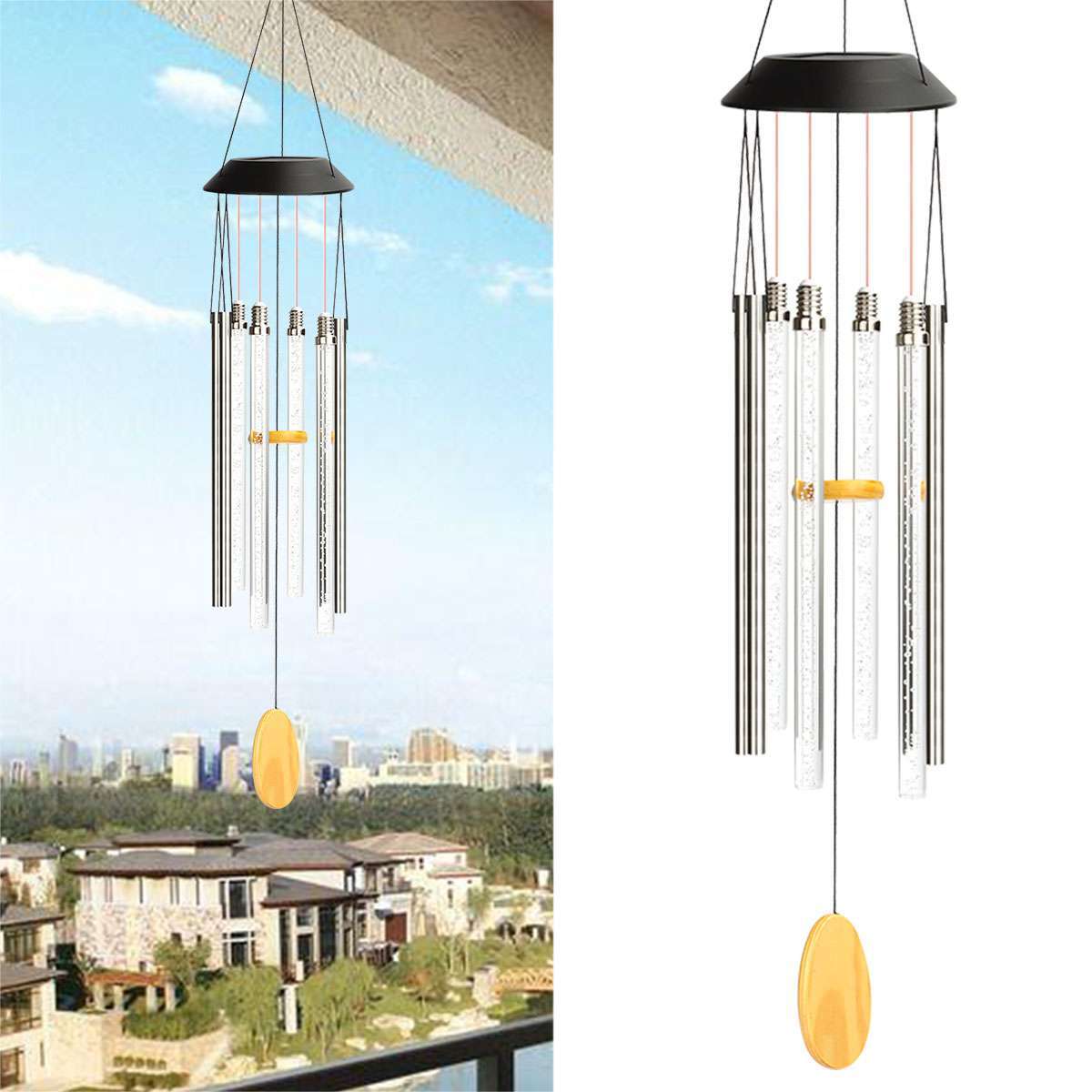 Color Changing Solar Wind Chimes LED Lights Large Deep Tone Resonant Bell Tubes