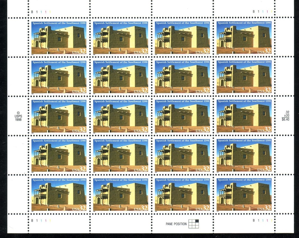 #3220 SPANISH SETTLEMENT. MINT SHEET. F-VF NEVER HINGED.