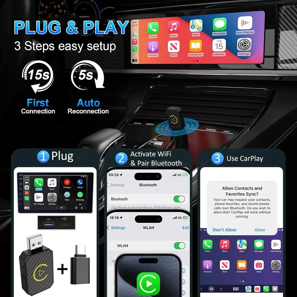 2 in 1 Wireless Apple CarPlay Adapter, for both Apple and Android,converts wired