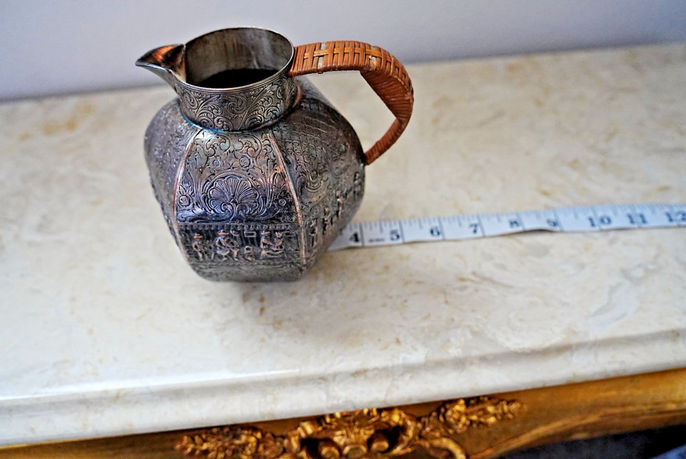 Antique EG Webster Silver Repoussé Pitcher Ornate with Rattan Handle