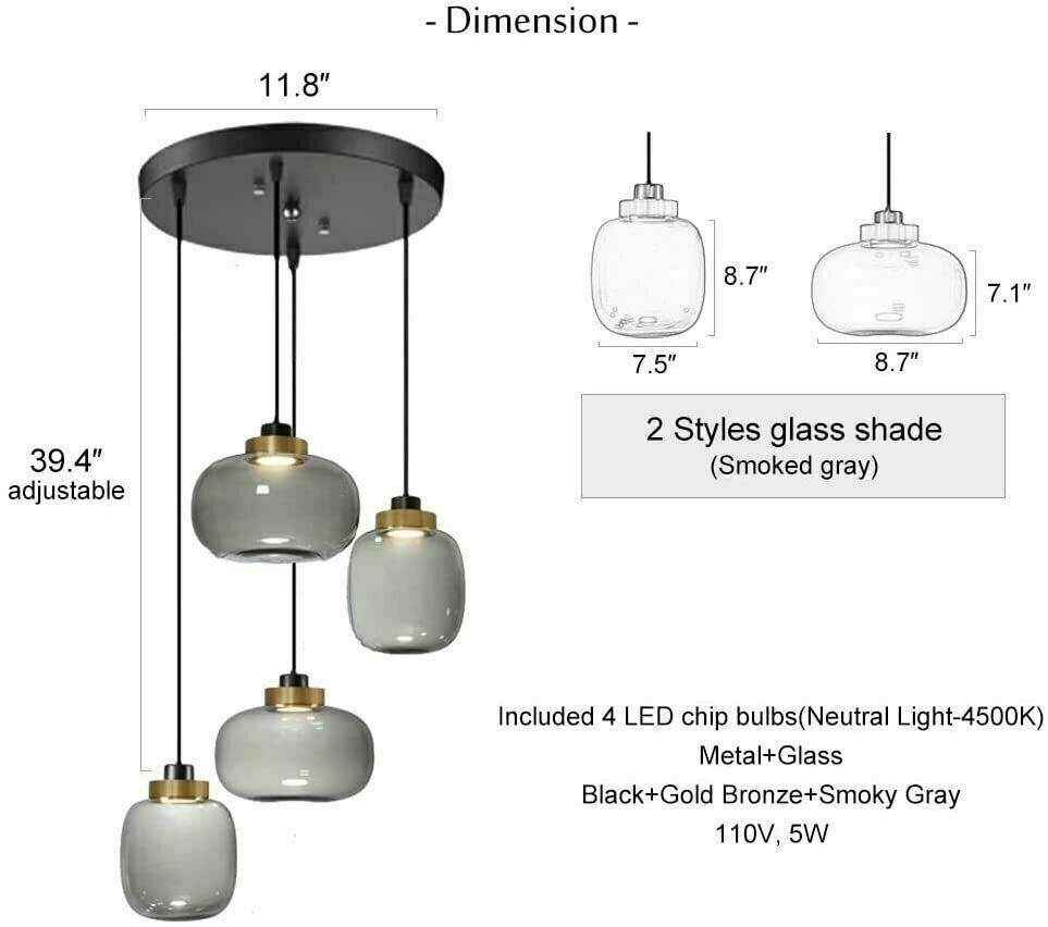 Modern 4 Lights Chandelier Adjustable Smoky Glass Pendant Lamp Ceiling Fixtures