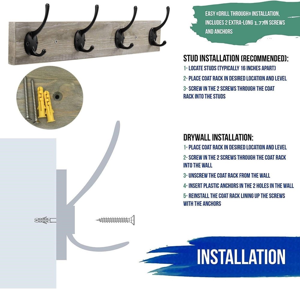 Rustic Wall-Mounted Coat Rack with 4 Hooks - Stylish Pinewood Organizer