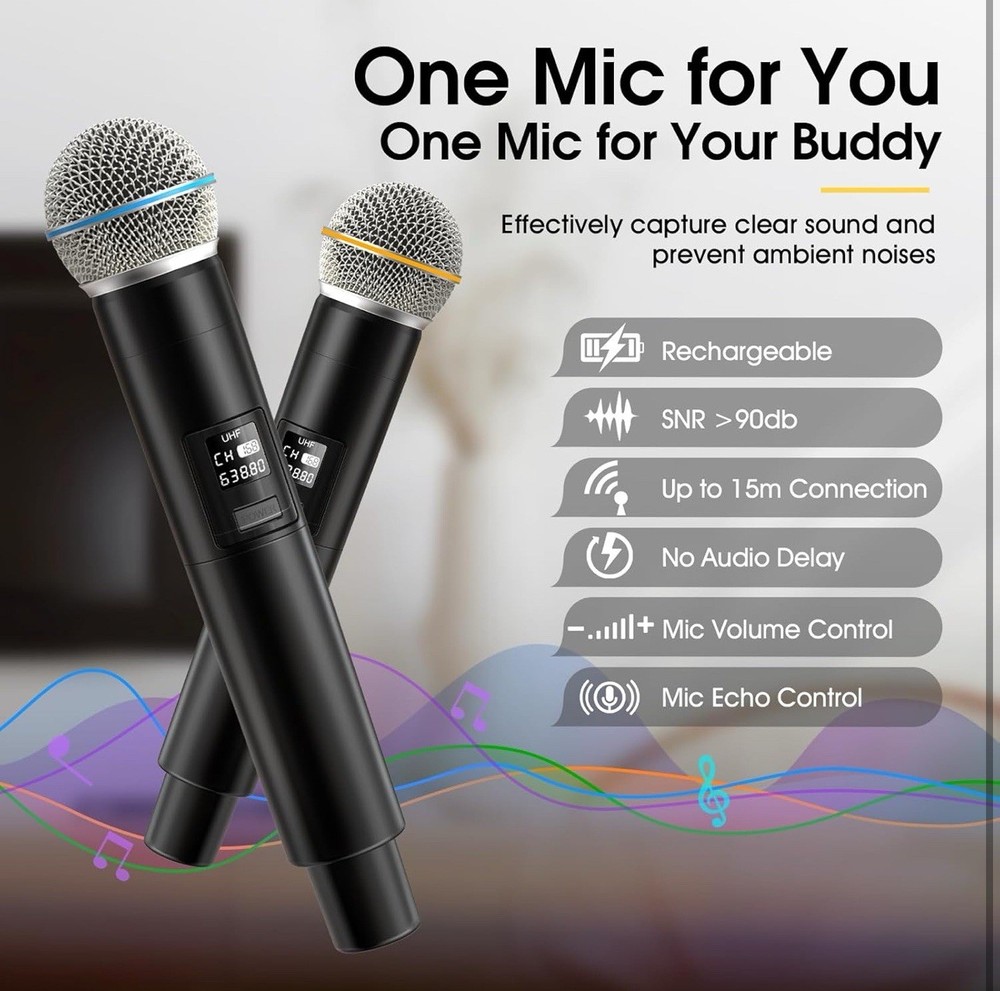 Retro Karaoke Machine with Two Wireless Microphones, Portable Bluetooth Speaker