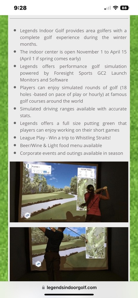 Legends Indoor Golf Gift Certificate. $50 Value