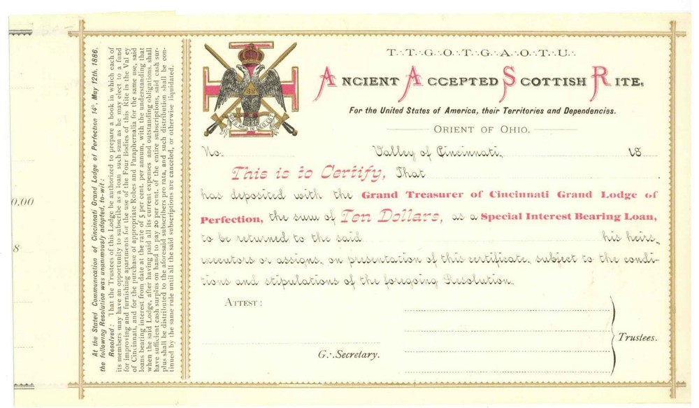 Ancient Accepted Scottish Rite.  Lodge Loan Certificate. Ohio
